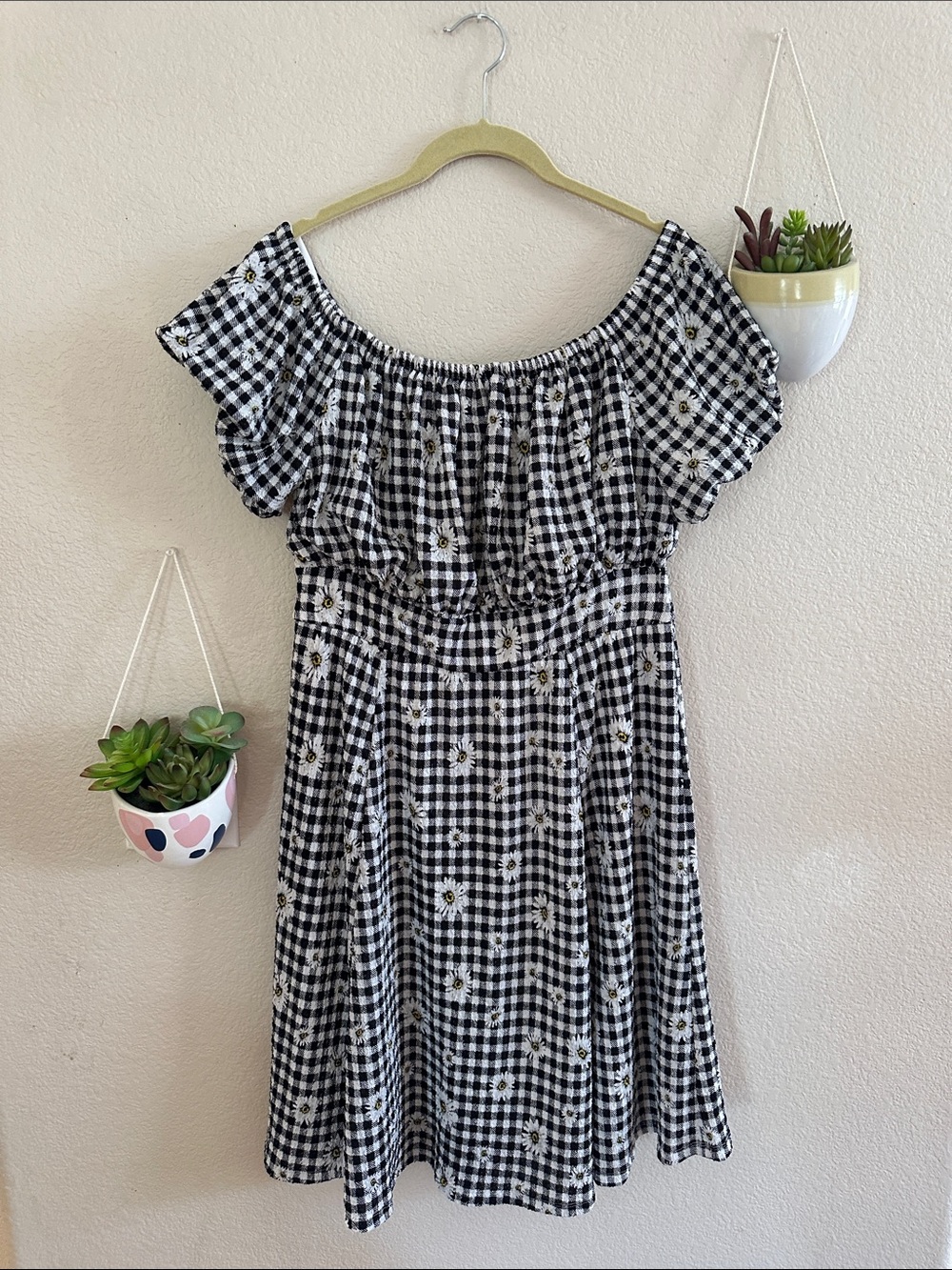 Torrid Black White Gingham Off the Shoulder Mini Dress Daisy Floral XL 0